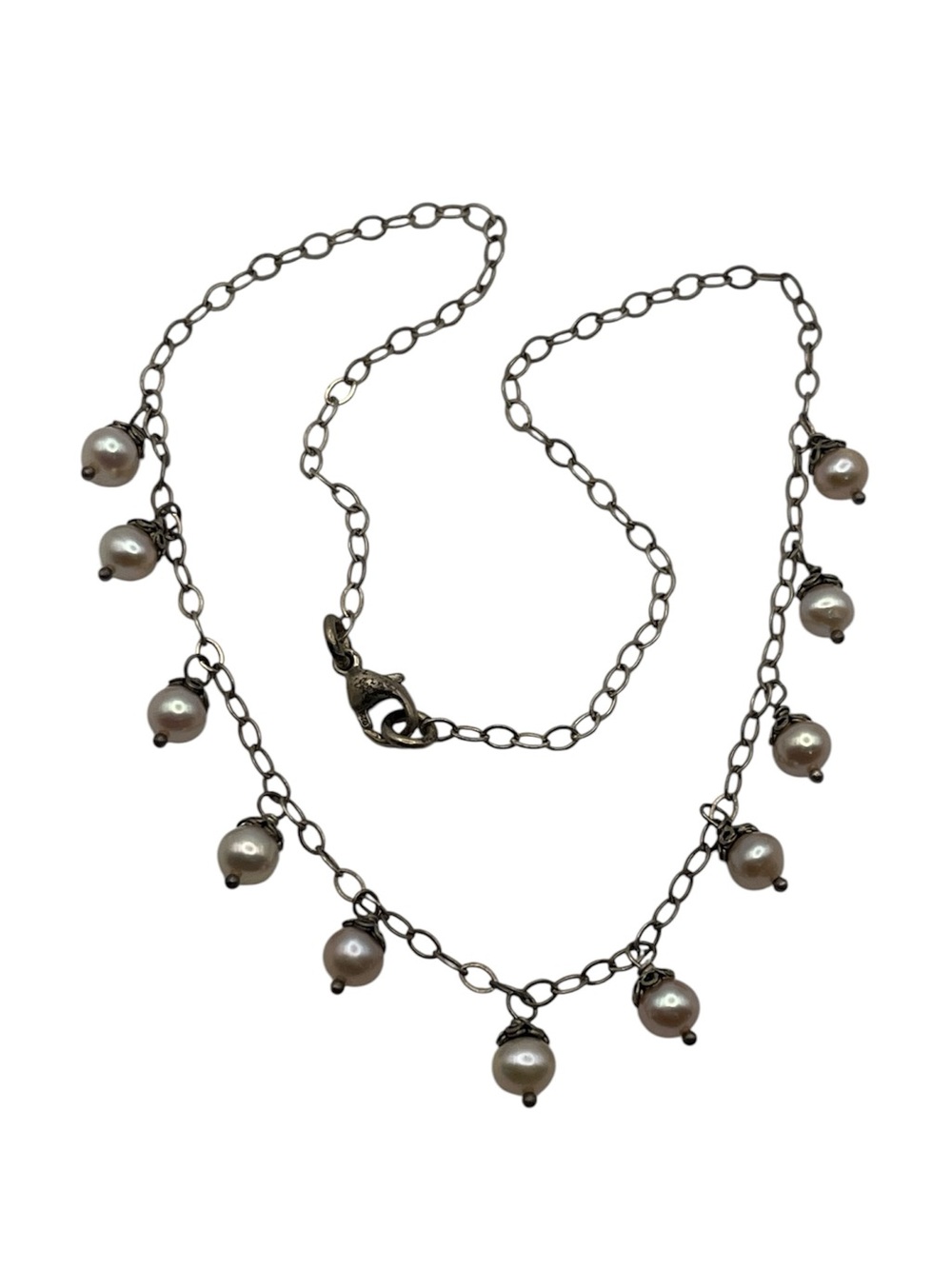 Sterling silver chain peachy pink dangle pearl necklace vintage